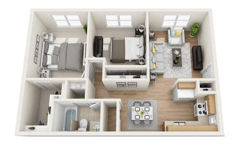 Floor plan for 2 beds, 1 bath, 980 sqft